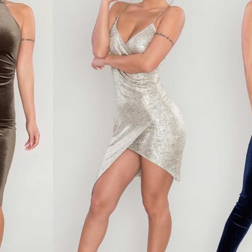 Metallic Asymmetrical Ruched Dress- Gold